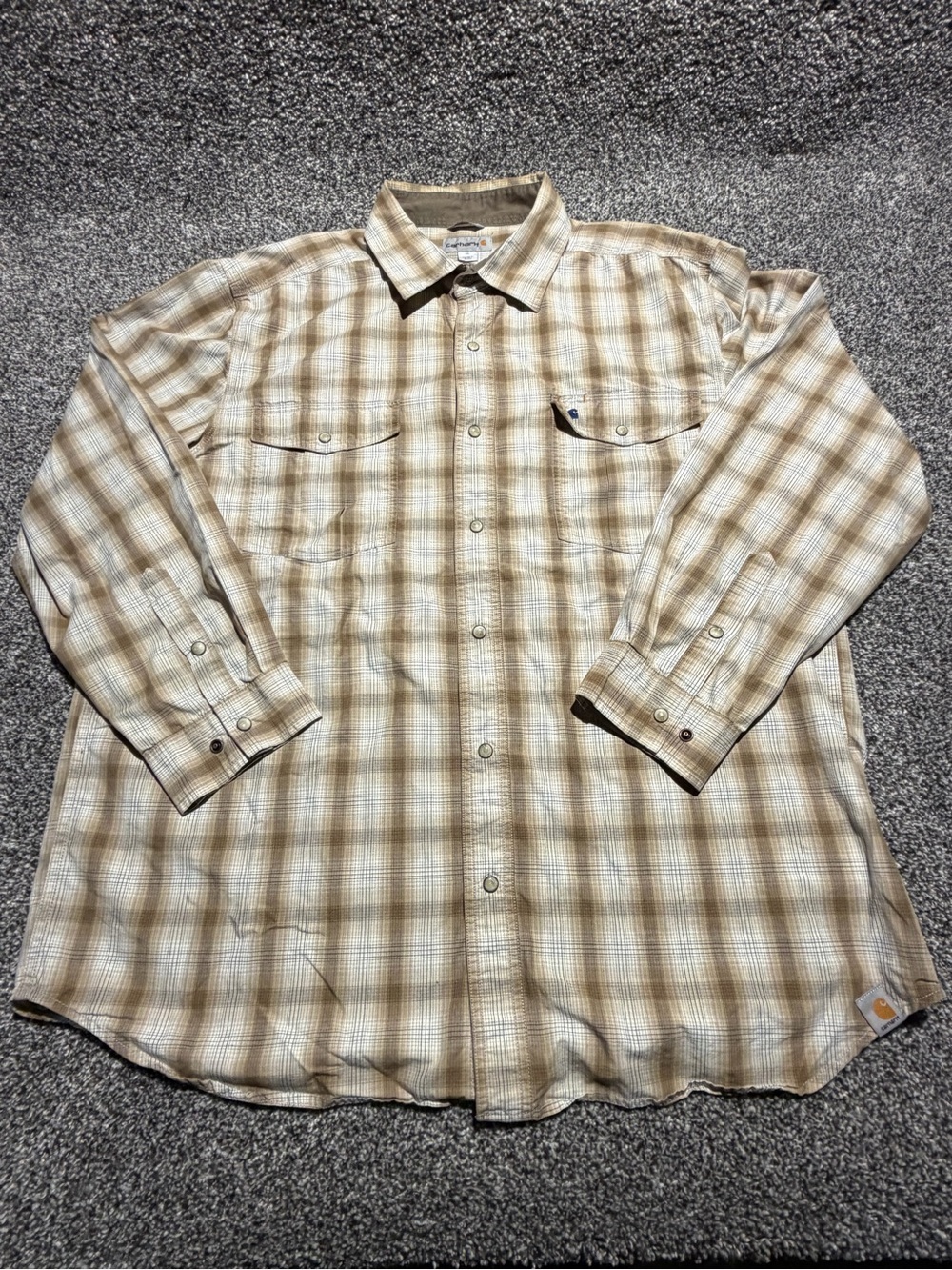 Carhartt Men's Tan and Cream Plaid Button-up long sleeve Work Shirt XL